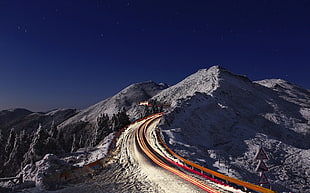 mountain alps, snow, road, dark, nature HD wallpaper