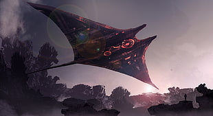 spaceship illustration, futuristic, spaceship, manta rays, science fiction HD wallpaper