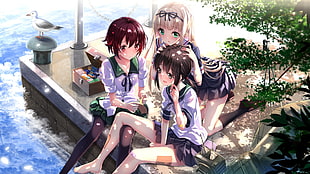 three women anime character illustration