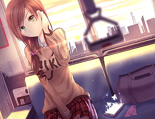 anime character photo of girl with brown hair near window