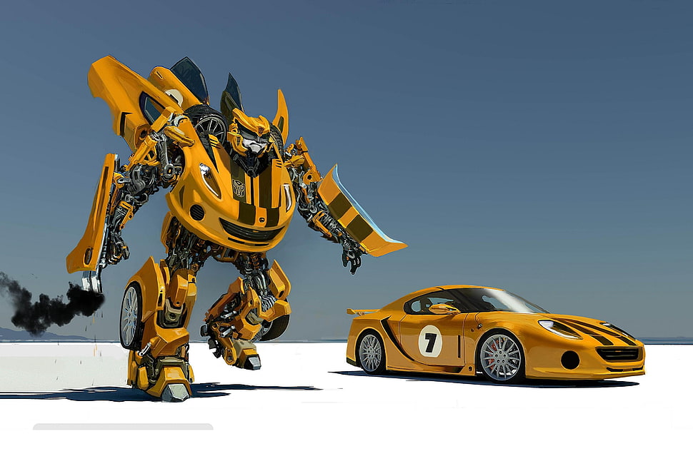 Bumblebee robot and car wallpaper HD wallpaper
