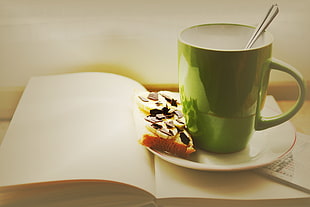green ceramic mug, Cup, Sandwich, Chocolate
