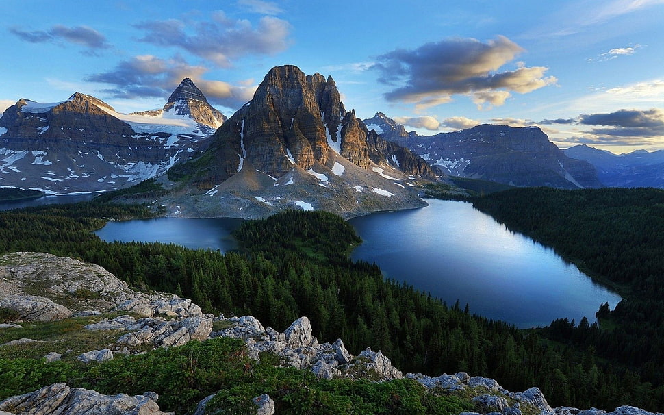 mountain scenery, lake, forest HD wallpaper