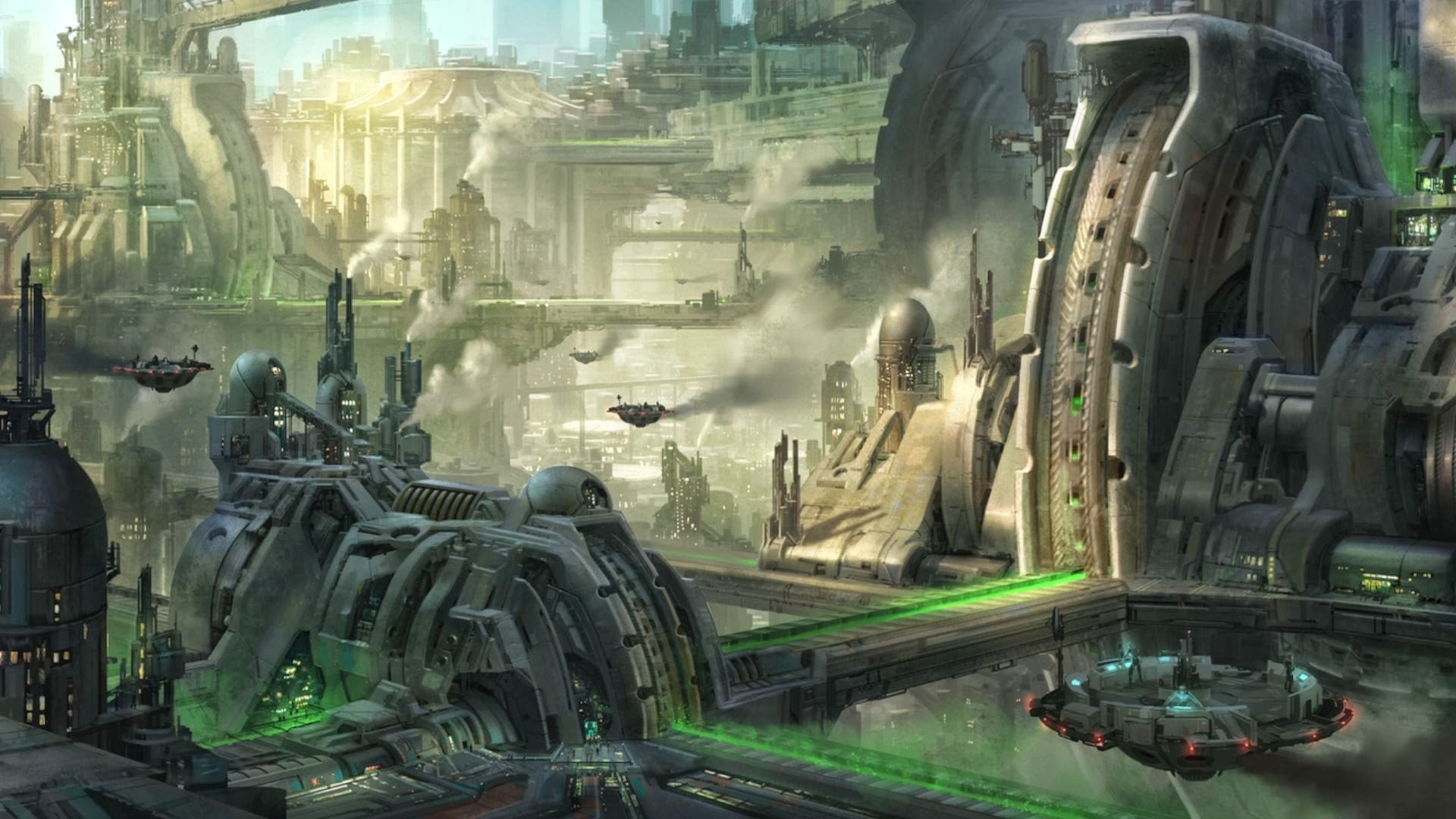 futuristic city with flying fortress graphic wallpaper