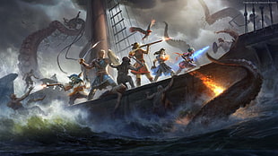 group of warriors on boat with monster tentacles illustration