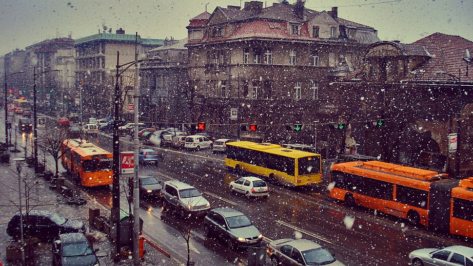 yellow bus, winter, cityscape, snow, buses HD wallpaper