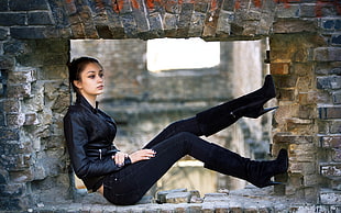 women's black leather jacket and jeans, women, brunette, brown eyes, leather jackets HD wallpaper