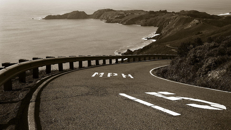 grayscale photo of empty road, landscape, road, coast HD wallpaper