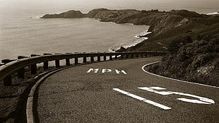 grayscale photo of empty road, landscape, road, coast