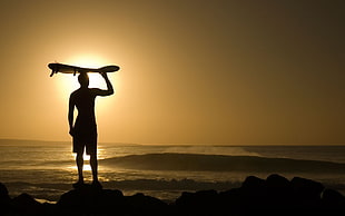 surfboard, silhouette, sunlight, beach, sea HD wallpaper