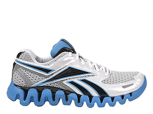 unpaired gray and blue Reebok running shoe