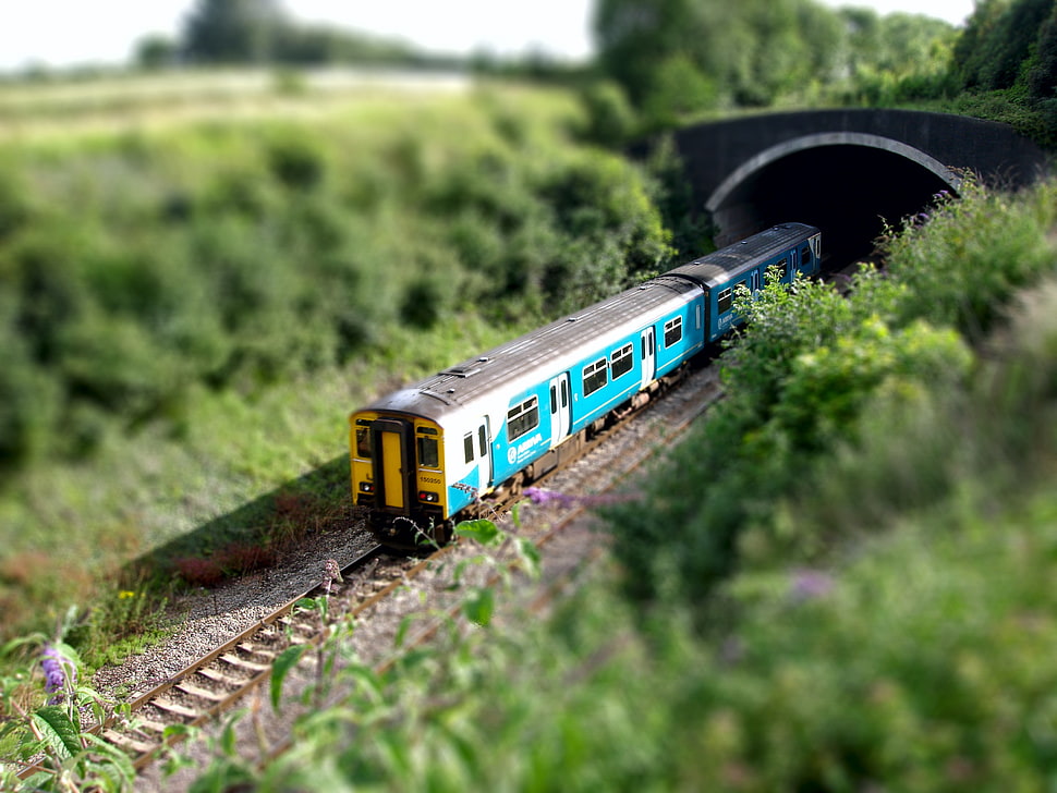 train, nature, blurred, tilt shift HD wallpaper