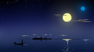 sea horizon during night illustration, anime, boat, moonlight, night HD wallpaper