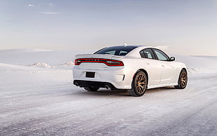 white 5-door hatchback, Dodge Charger Hellcat, car, snow, winter HD wallpaper