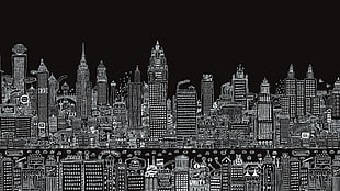 city illustration collage, digital art, city, dark background, simple background