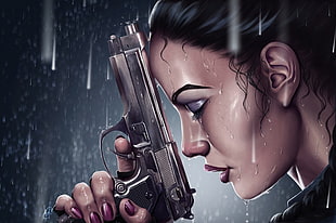 black haired woman with silver semi-automatic pistol on rain animation illustration