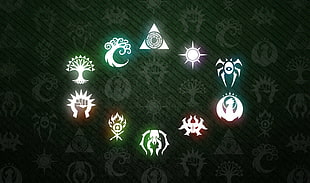 assorted-color logos, symbols, trees, fire, dragon