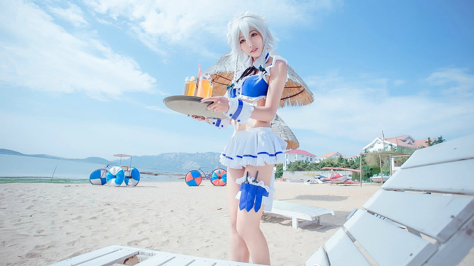 photo of girl wearing blue and white cosplay outfit in seashore during day time HD wallpaper
