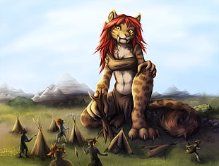 brown lion with red hair illustration, furry, Anthro, tribal , giant