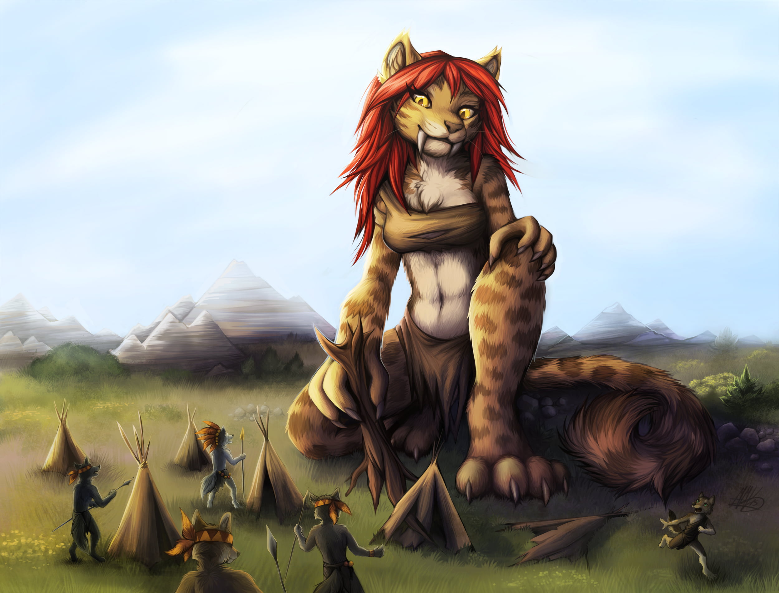 brown lion with red hair illustration, furry, Anthro, tribal , giant HD wal...