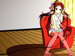 red hair girl animated character sitting at the red sofa chair