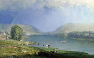 painting of grass field near lake, animals, nature, landscape, classic art