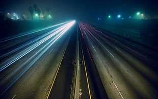 asphalt road, night, long exposure, lights, road HD wallpaper