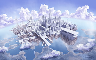 flouting city digital wallpaper, Pixiv Fantasia, building, sky, clouds