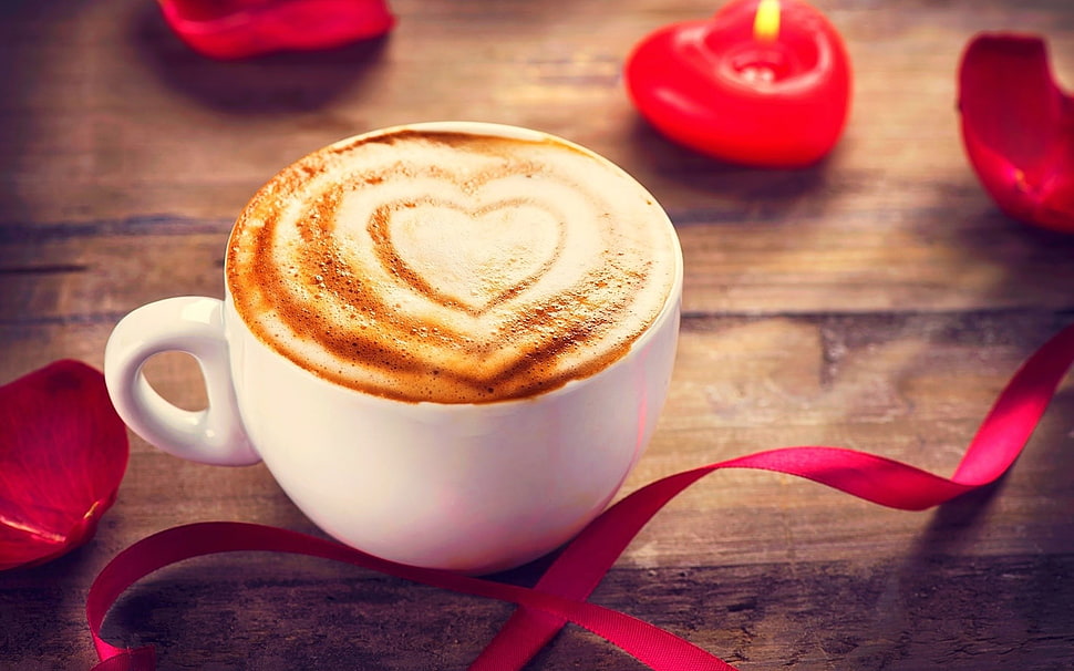 white and red ceramic bowl, food, ribbon, coffee, heart HD wallpaper