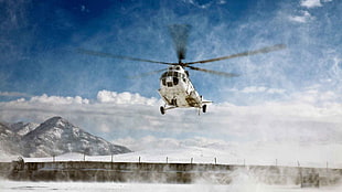 white military helicopter, helicopters, snow, mi8