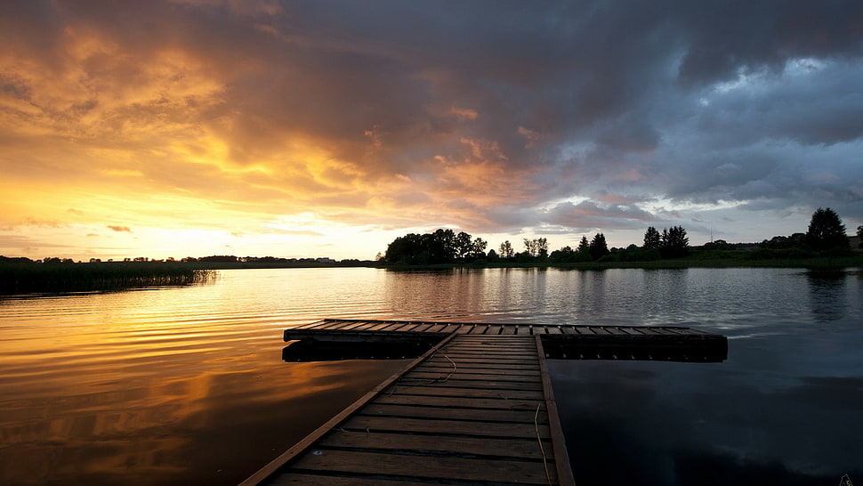 photo of dock during golden hour HD wallpaper