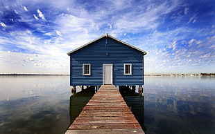 blue wooden house, lake, nature