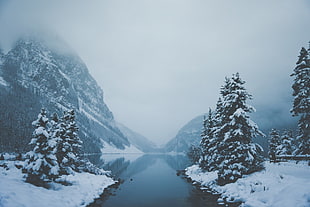 mountain digital wallpaper, snow, mountains, river