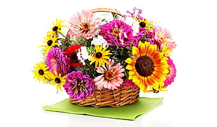 basket of yellow Sunflowers with pink and purple Zinnia flowers and yellow Black-Eyed Susan flowers
