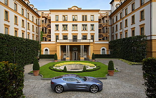 blue coupe, One-77, Aston Martin, hotel, car
