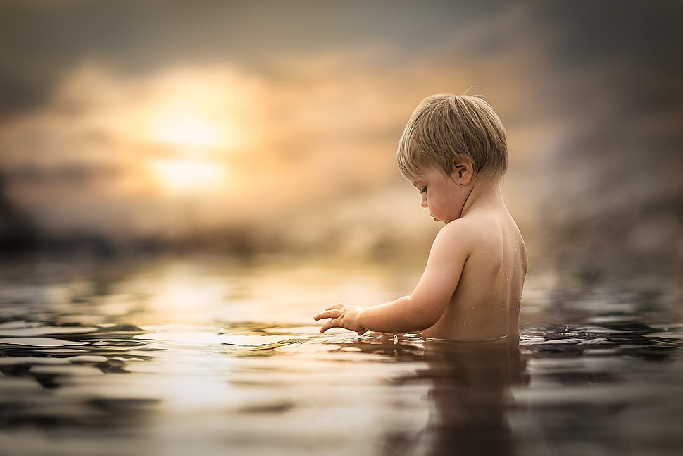 calm body of water, little boy, children, people, water HD wallpaper