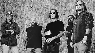 grayscale photo of a band with five members