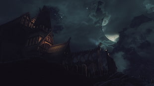 brown house illustration, The Elder Scrolls V: Skyrim, video games, Whiterun, night sky