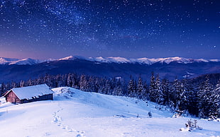 house coated with snow near mountain, landscape, winter, stars, mountains