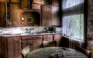 brown wooden cupboard, ruin, interior, old building