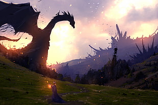 dragon illustration, fantasy art, dragon, dusk
