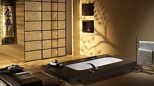 white and black bed mattress, interior, bathroom, Japan HD wallpaper