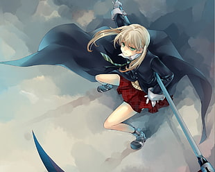 female anime character with red skirt and black coat digital wallpaper, Soul Eater, Maka Albarn