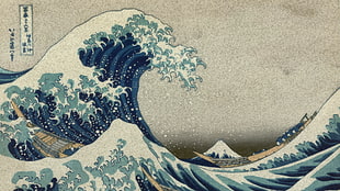 blue water waves cartoon illustration, Mount Fuji, The Great Wave off Kanagawa, Hokusai, Wood block
