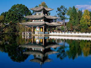 brown and grey pagoda, reflection, Asian architecture, lake, temple HD wallpaper