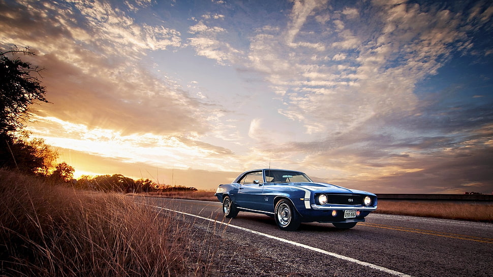 classic blue coupe, sports car, car, Chevrolet Camaro SS, muscle cars HD wallpaper