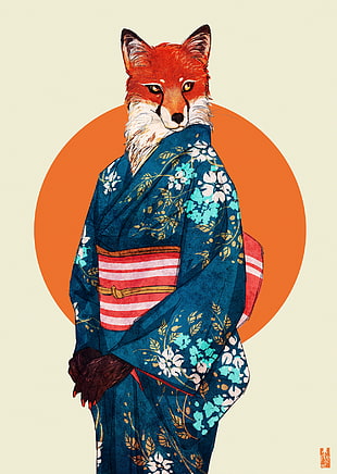 brown and white fox wearing blue kimono illustration, Kim Nguyen, Zarnala, character design , animals