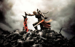 gray and red fantasy sword, sword, artwork