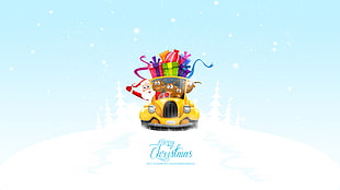 Santa Claus riding car full of gifts Happy Christmas greeting wallpaper