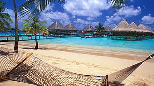 black woven hammock, Bora Bora, Tahiti, resort, beach HD wallpaper